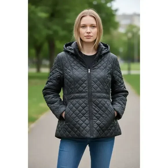 KATE SPADE COAT XL BLACK QUILTED HOODED PUFFER ANORAK JACKET ZIPPER MINIMALIST - Picture 1 of 11